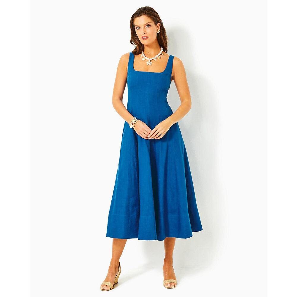 NWT Lilly Pulitzer Calina Linen Midi Dress Blue 14 Resort Preppy Vacation Summer
